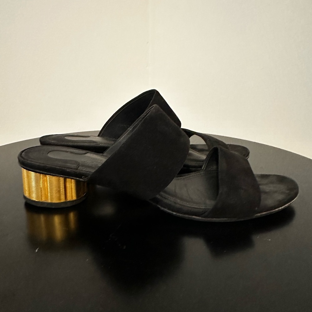 Salvatore Ferragamo Black and Gold Suede Heeled Sandal